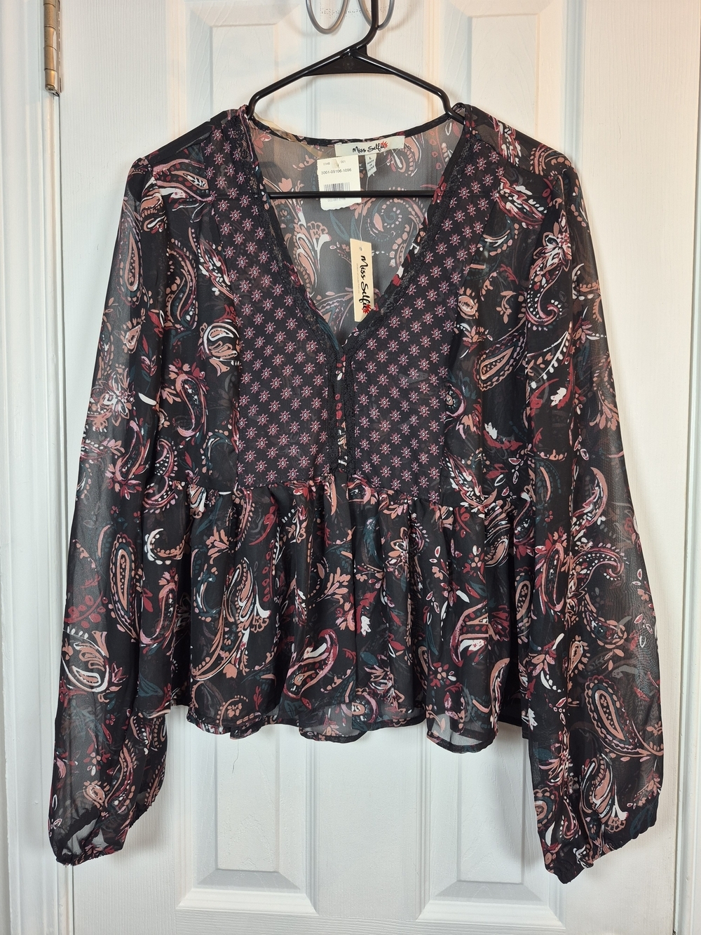 Miss Selfie Whimsigoth Paisley Peplum Blouse Size L Sheer Boho Bell Sleeve Top